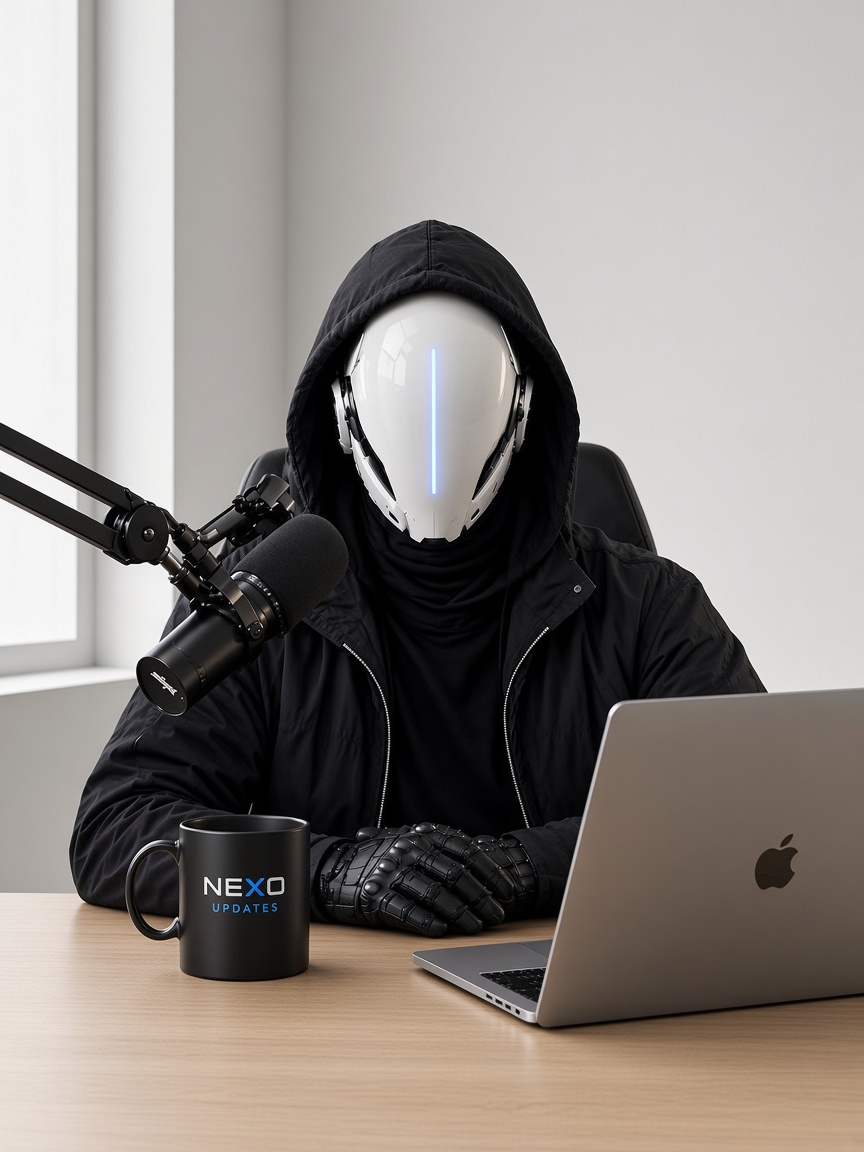 Nexo Updates at a quiet desk: a white helmet with a blue light, a microphone, a laptop, and a mug.